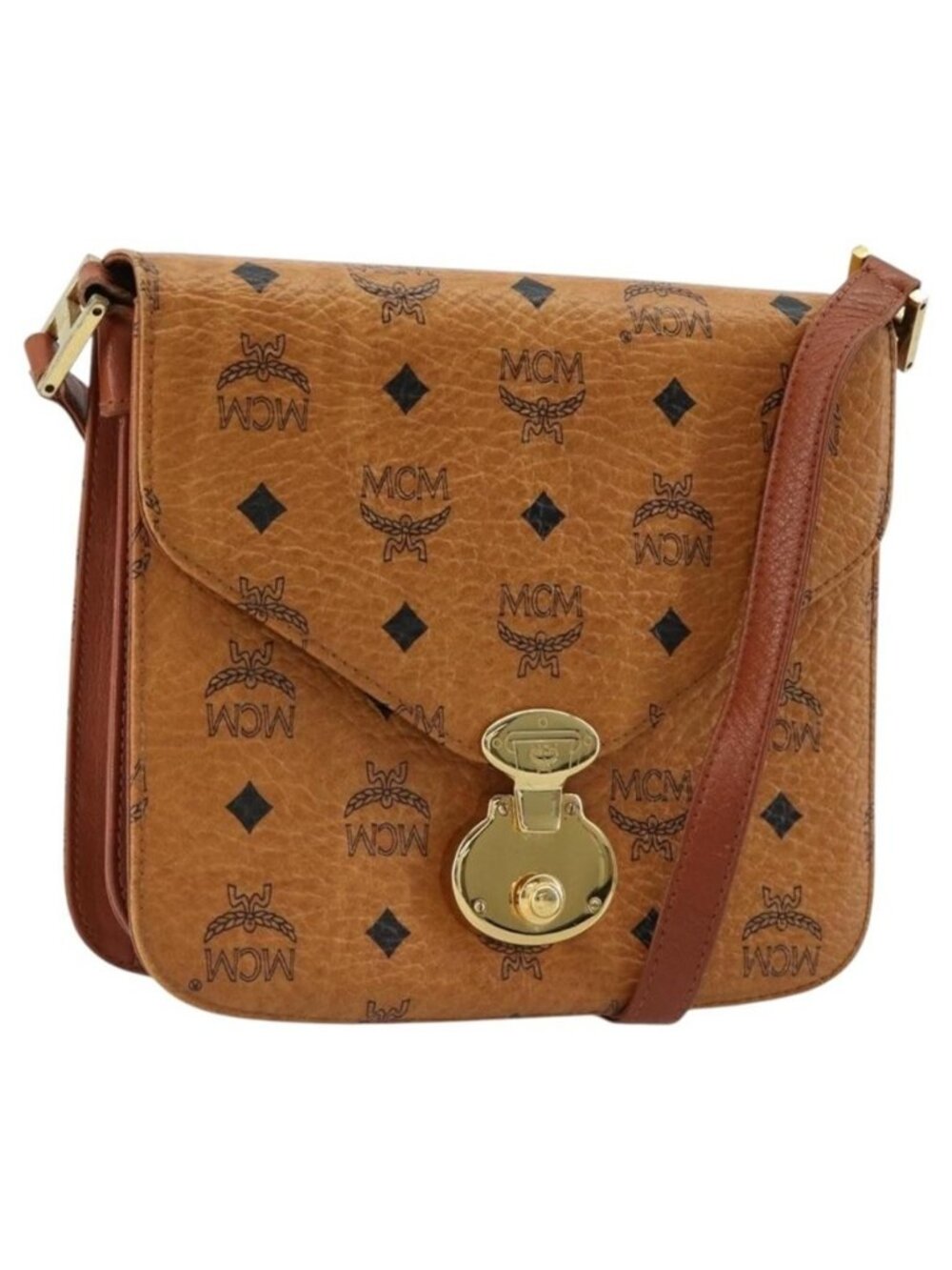 Authentic MCM Vicetos Logogram Shoulder Bag PVC Leather Brown Gold